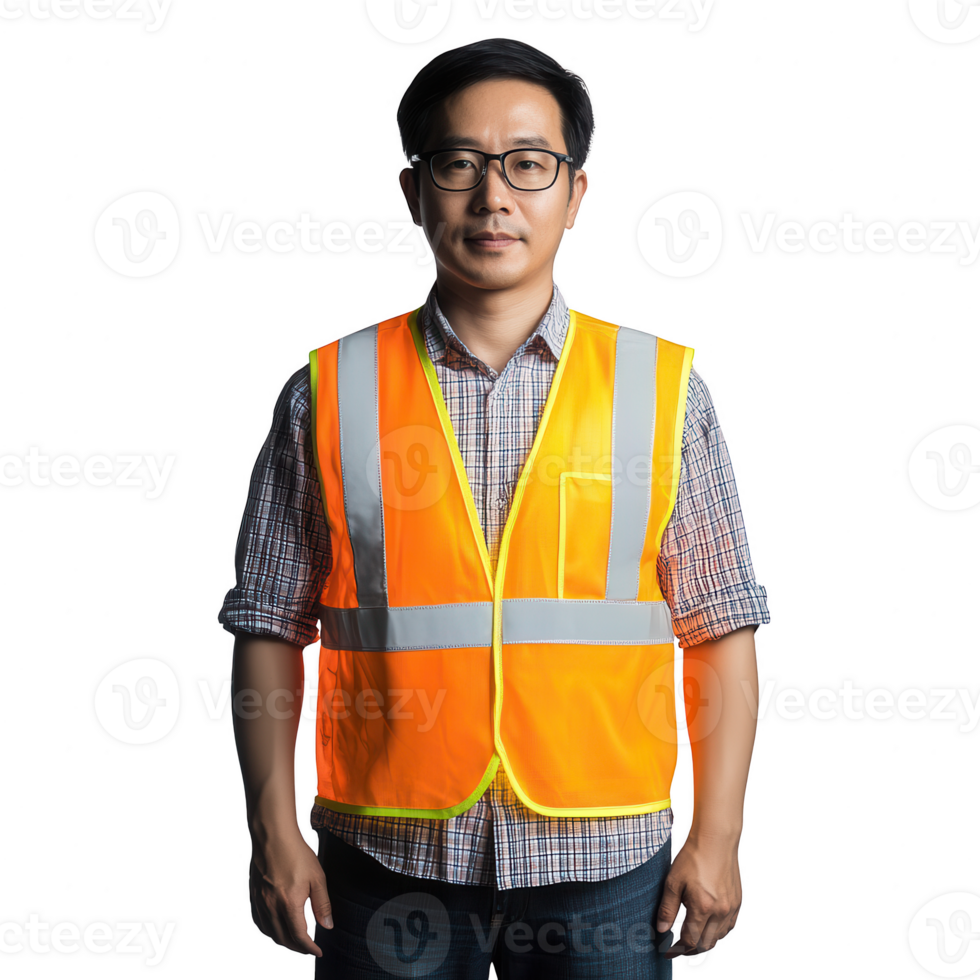 A confident man wearing a safety vest, ready for work in a professional setting. png