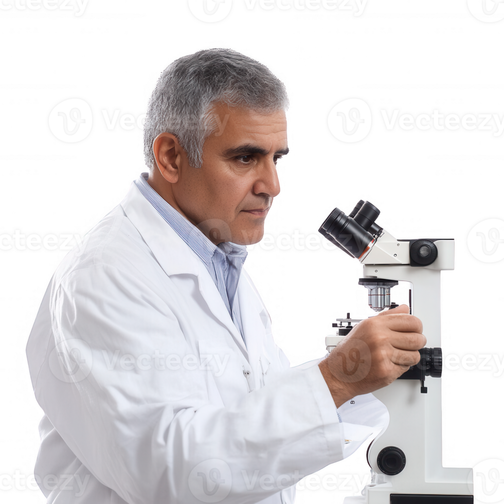 A scientist examines specimens under a microscope in a laboratory setting. png