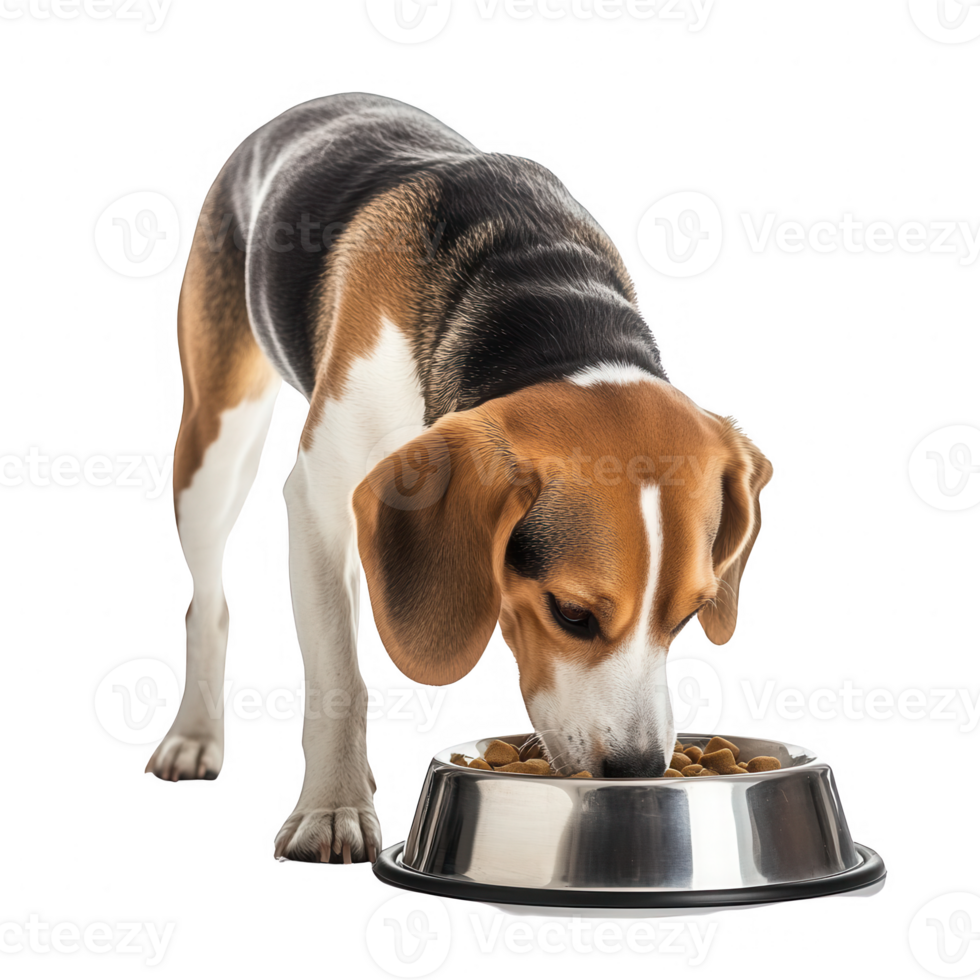 A playful dog enjoying its meal from a metal food bowl. png