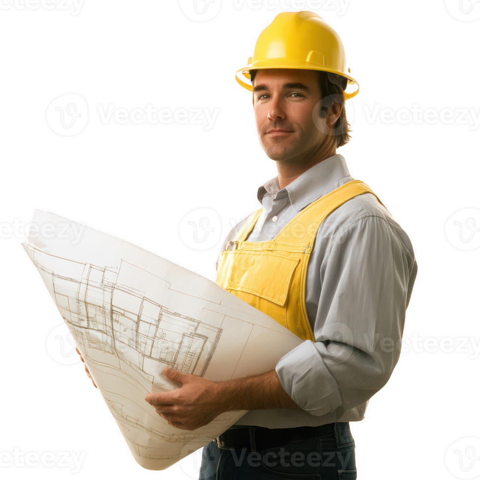 A confident construction worker holding blueprints in a hard hat and safety gear. png