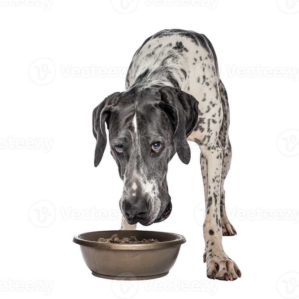 A great dane dog eating from a bowl, showcasing its unique coat and playful demeanor. png