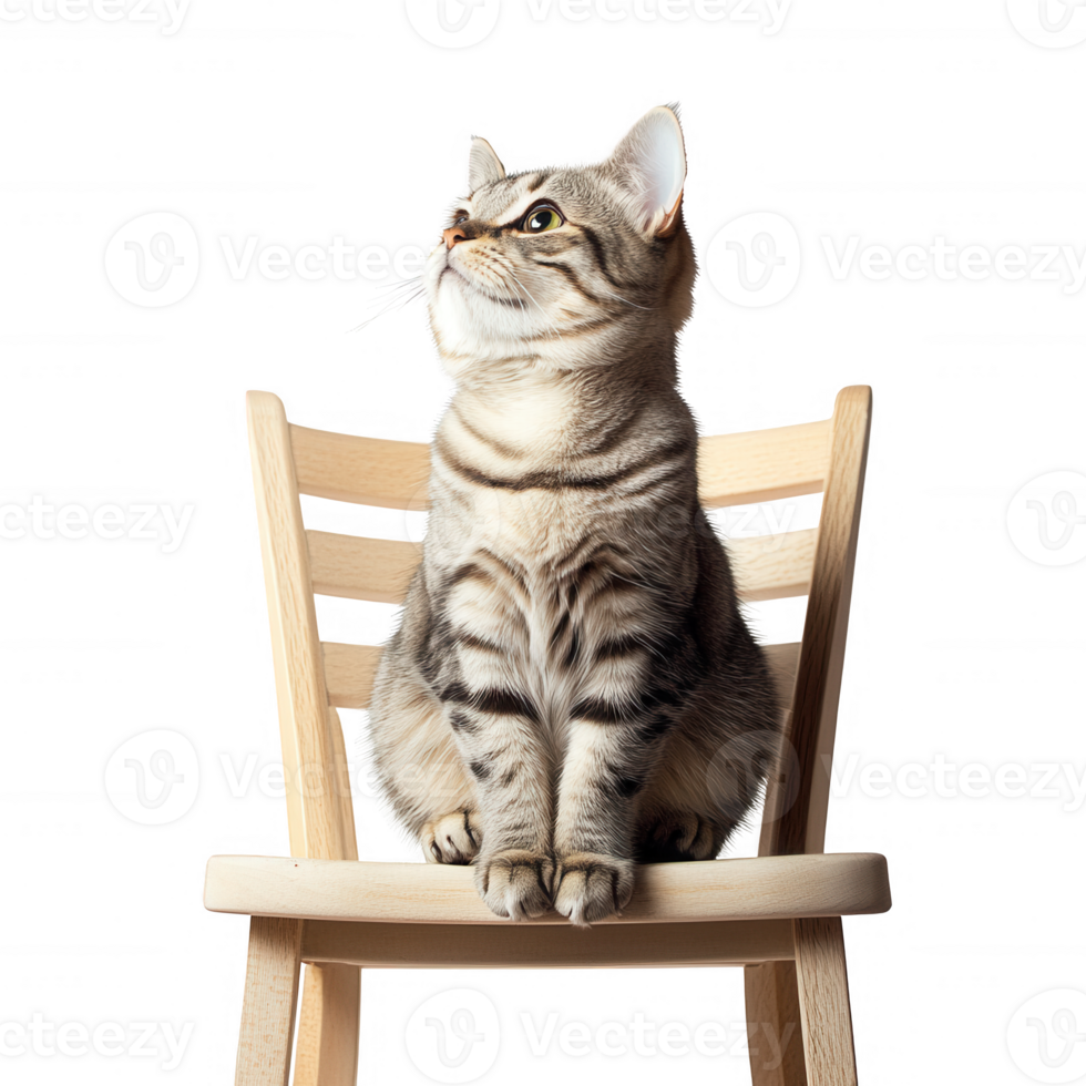 A curious cat perched on a wooden chair, gazing thoughtfully into the distance. png