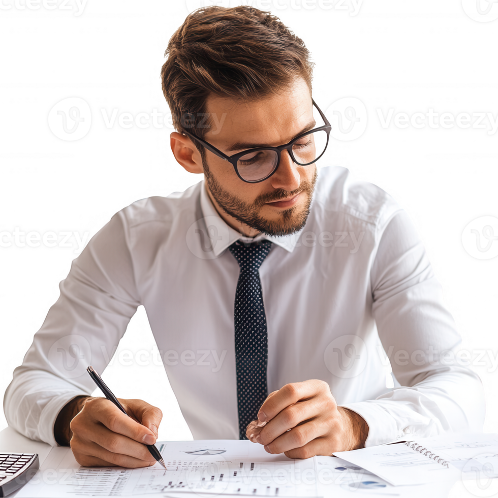 A focused professional analyzing data and working on financial reports at a desk. png