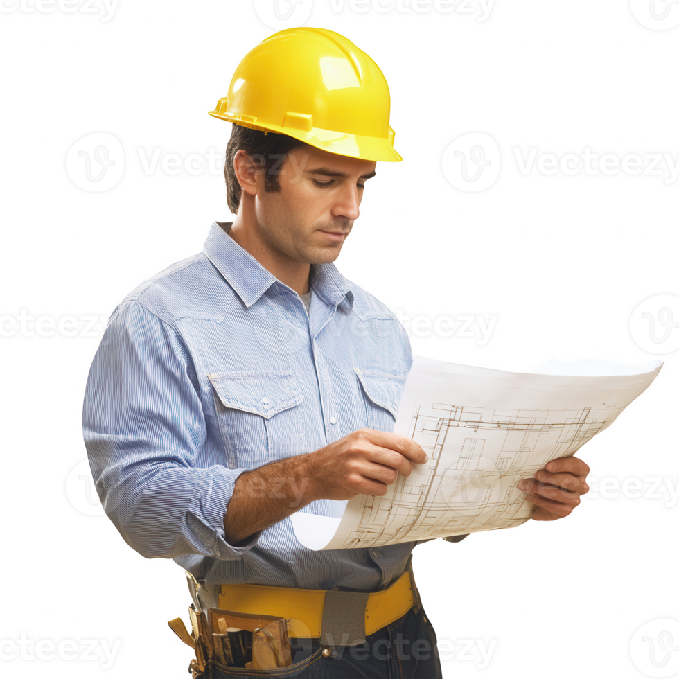 A construction worker analyzing blueprints on a job site, ensuring project accuracy. png