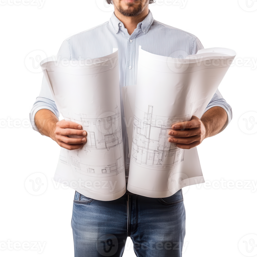 A professional examining detailed blueprints for architectural planning. png
