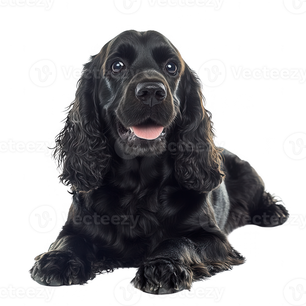 A cheerful black cocker spaniel dog lying down with a joyful expression. png