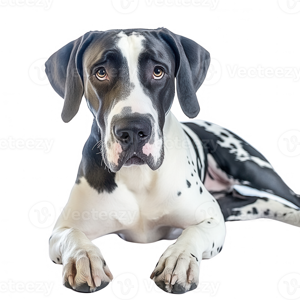 A majestic Great Dane with a unique black and white coat, lying gracefully. png