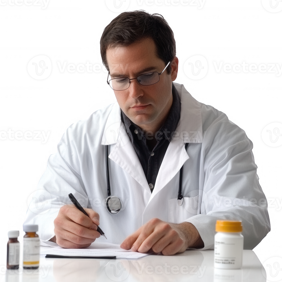 A doctor writes a prescription at a clean, organized desk with medication. png