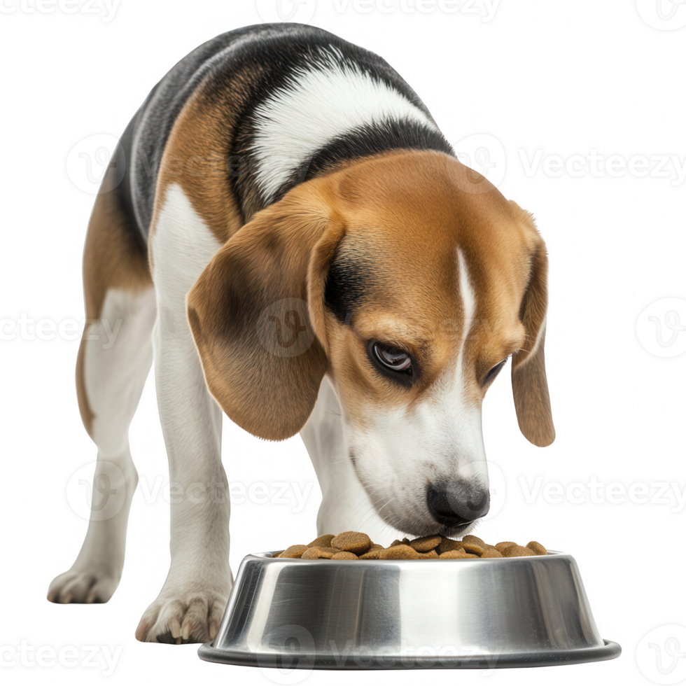 A beagle enjoys its food from a stainless steel bowl, showcasing its playful nature. png