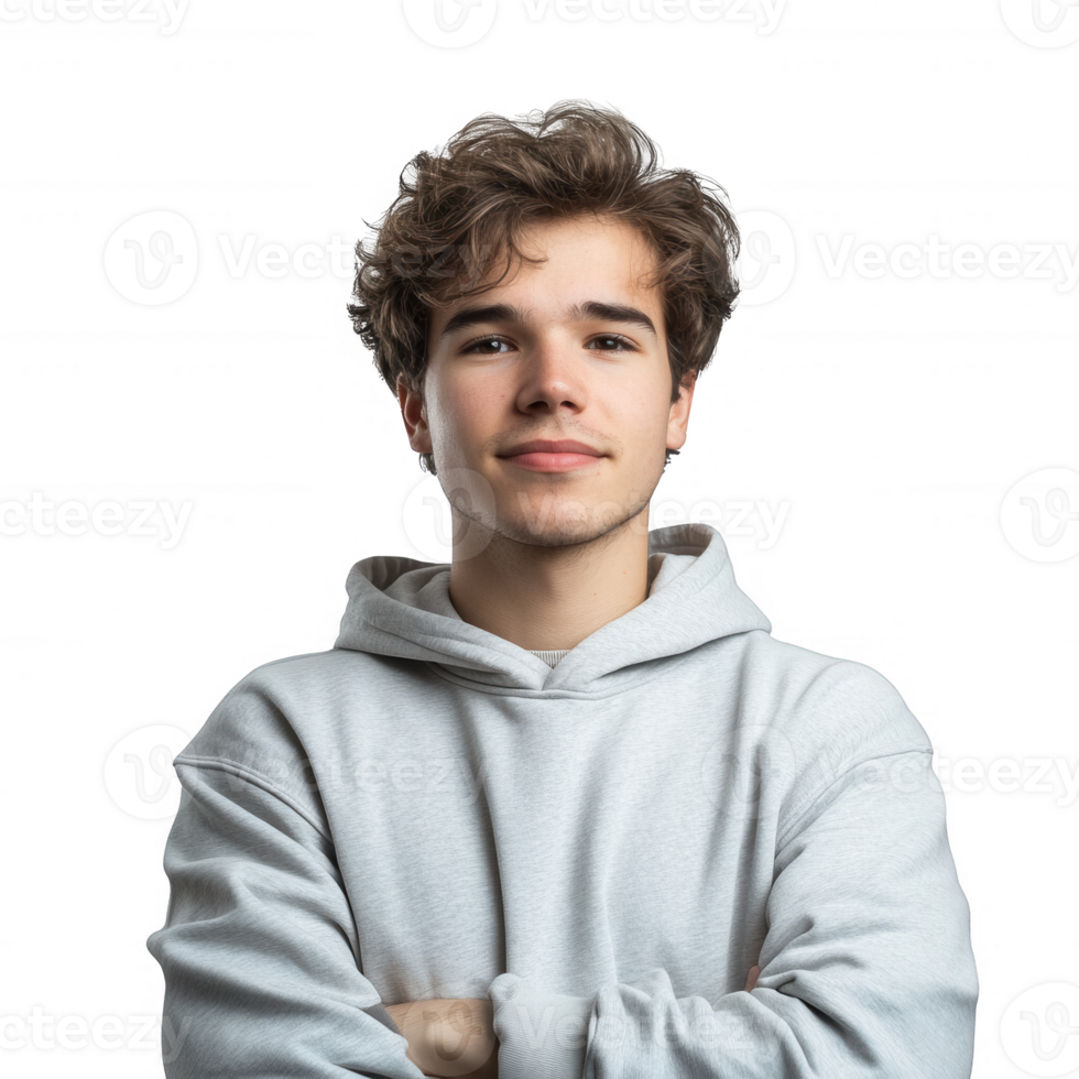 A confident young man poses in a casual hoodie, showcasing a friendly expression. png