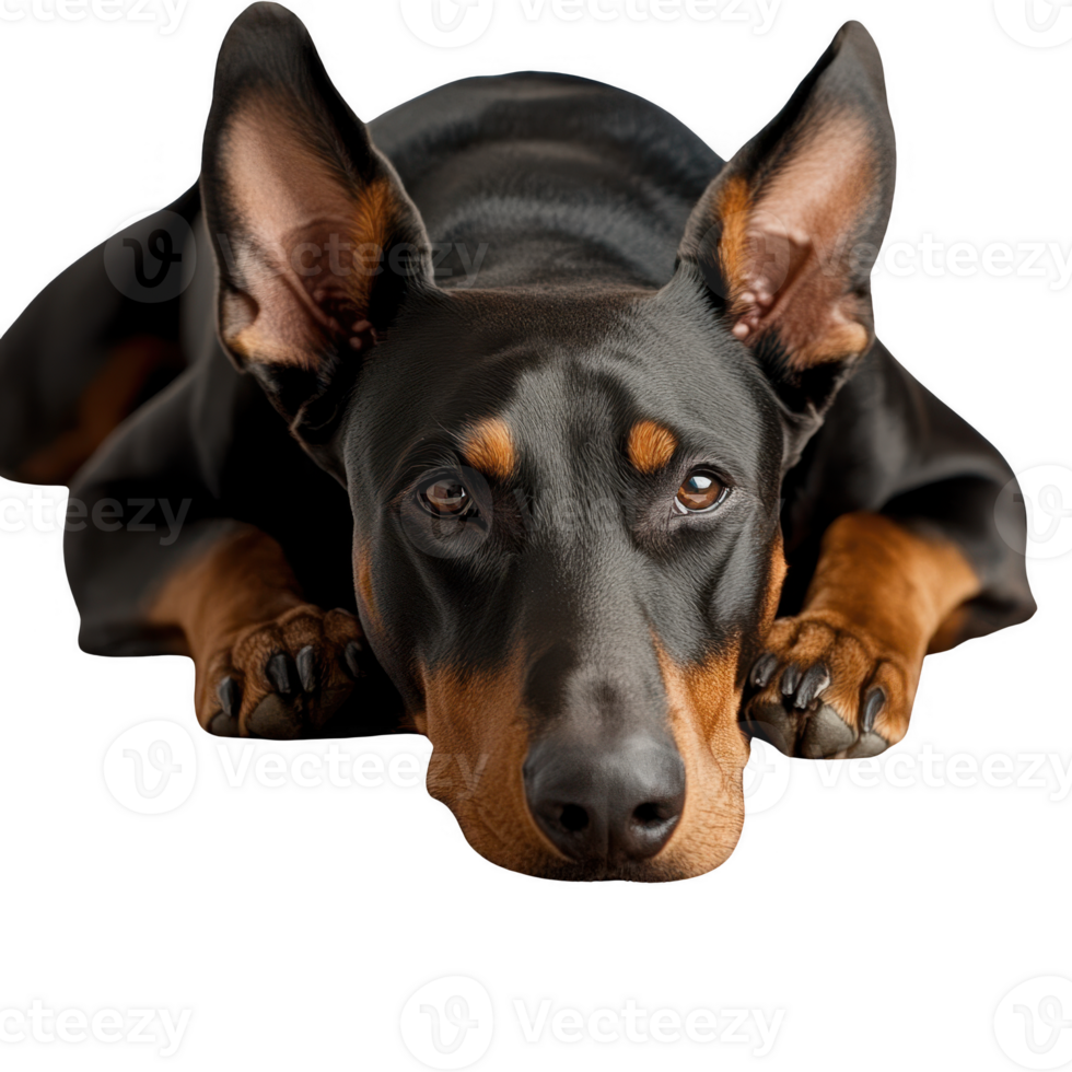 A focused Doberman resting calmly on the ground, showcasing its sleek fur and alert expression. png