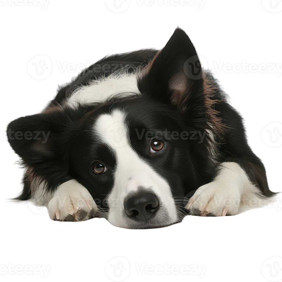 A close-up of a resting black and white dog with a thoughtful expression. png