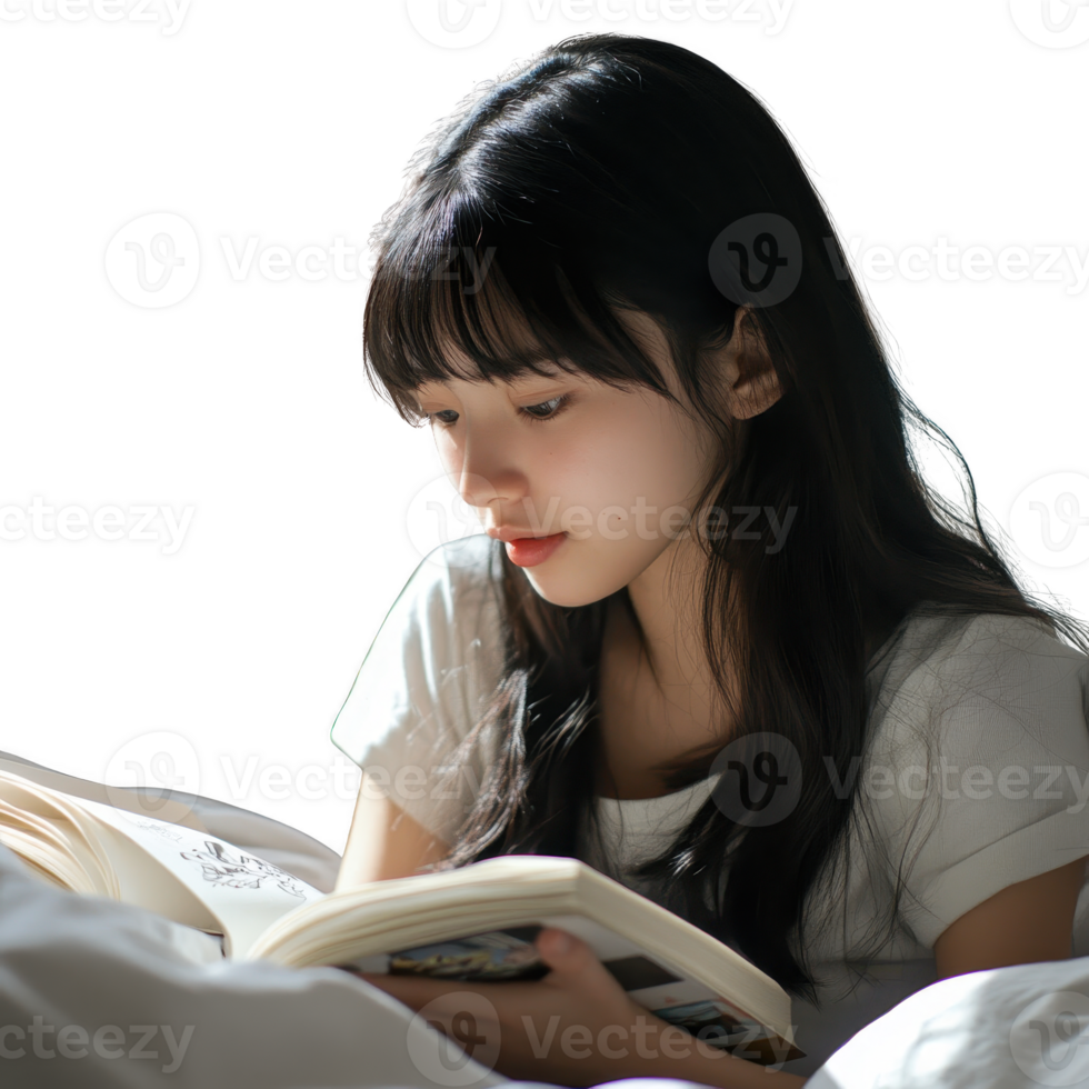A serene moment of a young woman reading a book in a cozy indoor setting. png