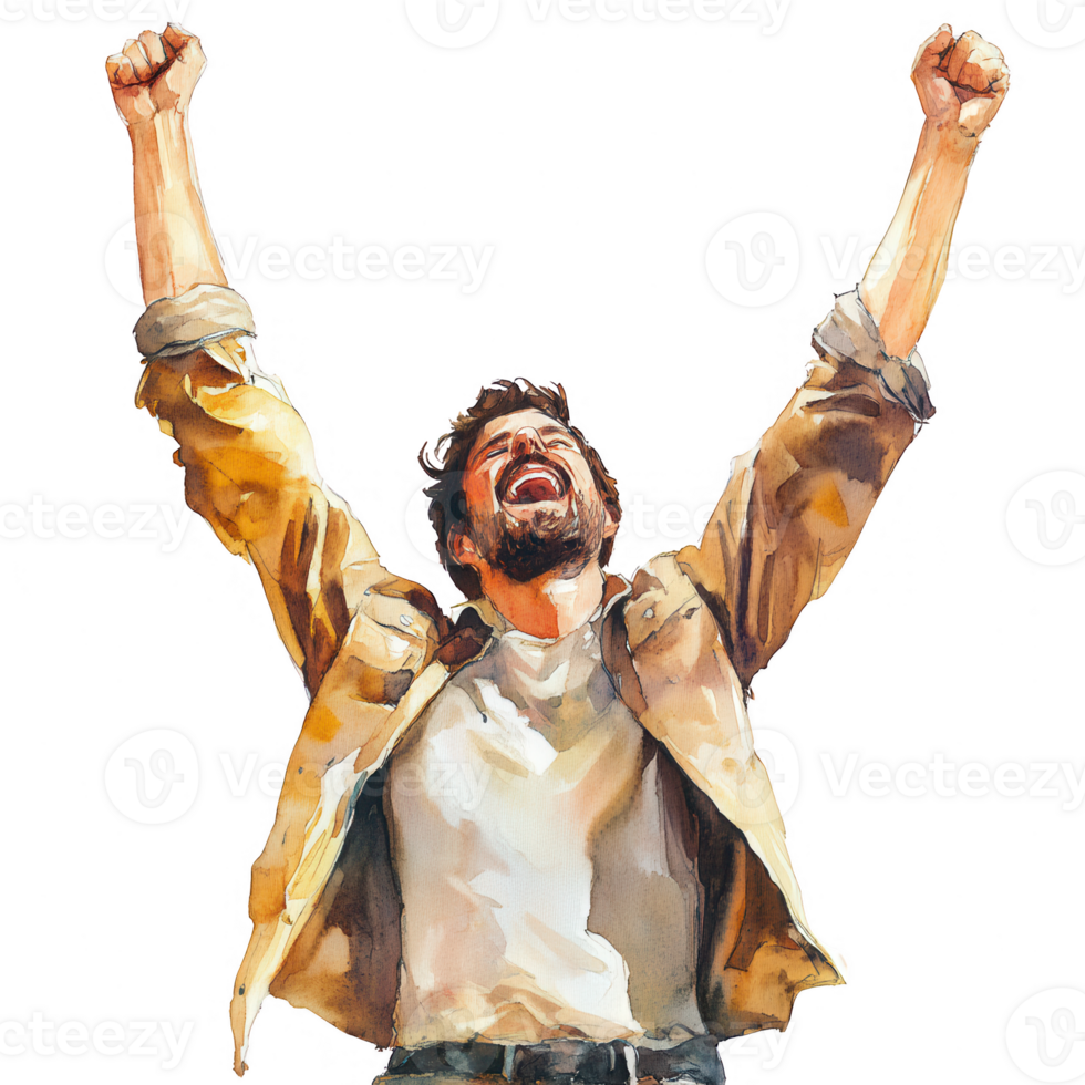 A joyful man celebrating victory with raised arms and a beaming smile. png