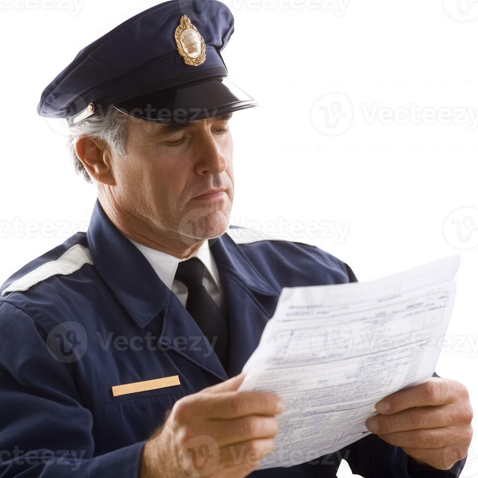 A focused police officer reading a report while wearing a uniform and cap. png