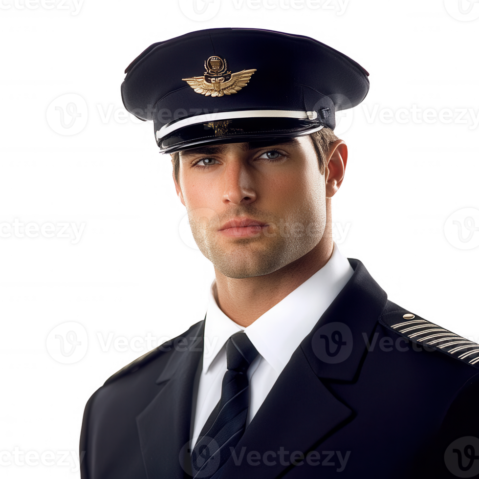 A confident male pilot in uniform, showcasing professionalism and dedication. png