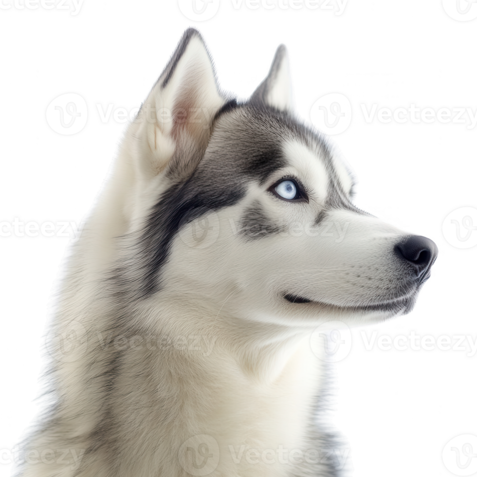 A majestic husky with striking blue eyes gazing thoughtfully into the distance. png