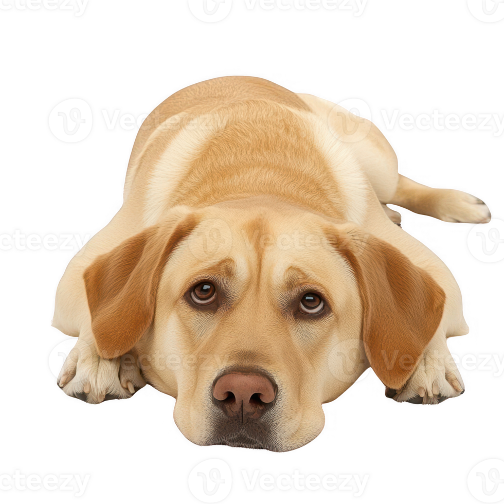 A cute and relaxed labrador retriever resting quietly on the floor. png