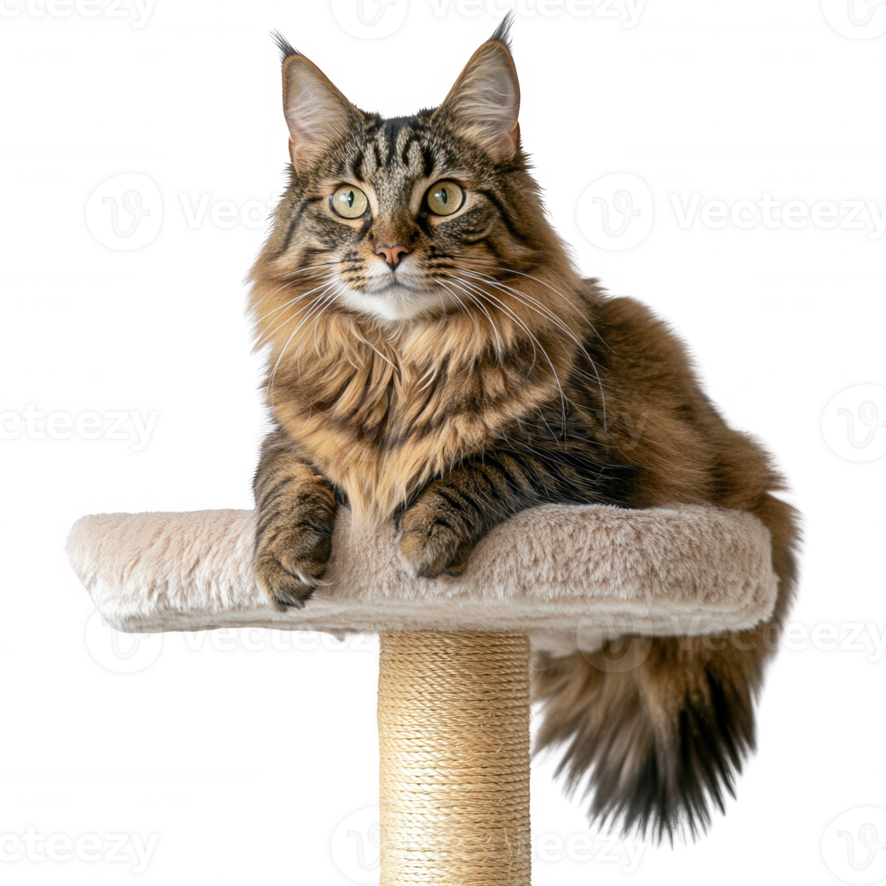 A majestic cat resting gracefully on a plush cat tree with alert expression. png