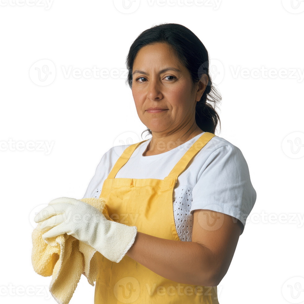A focused woman in a yellow apron prepares to clean with determination. png