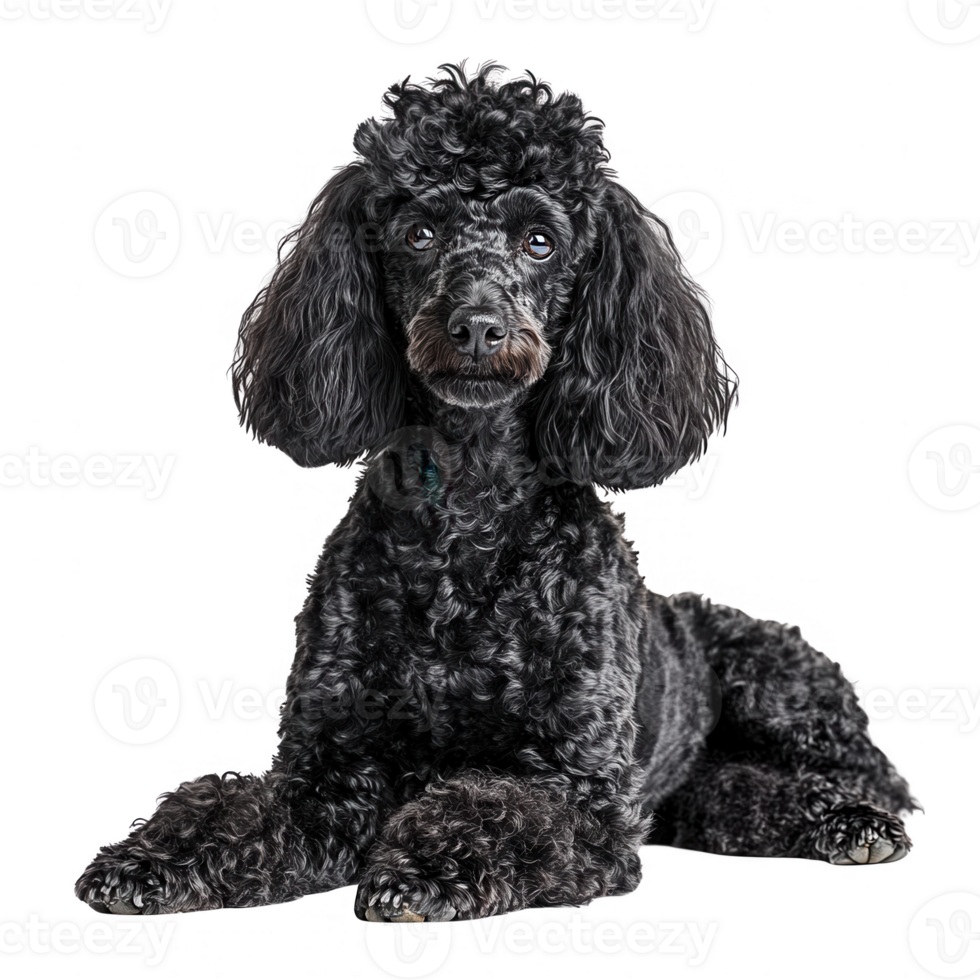 A fluffy black poodle sitting elegantly, showcasing its beautiful coat and friendly expression. png
