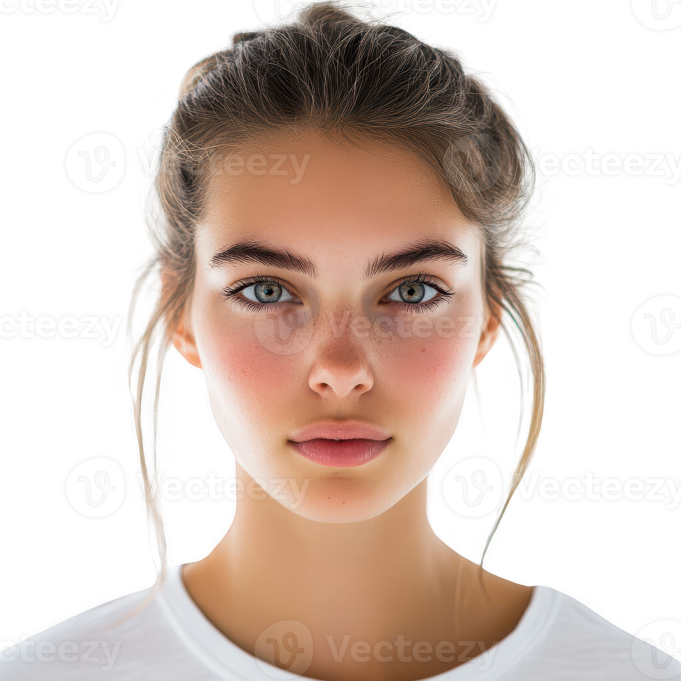 A captivating portrait of a young woman with natural beauty and expressive eyes. png