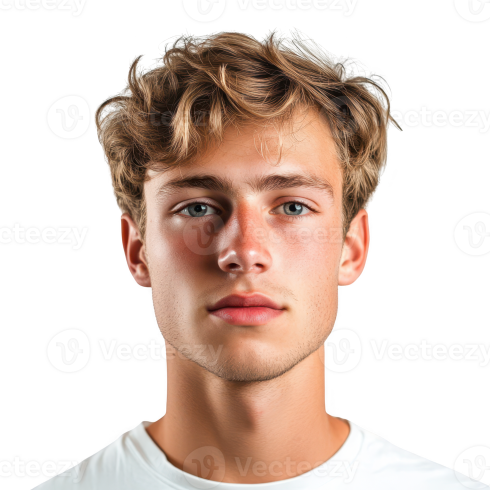 A portrait of a young man with curly hair and a neutral expression on his face. png