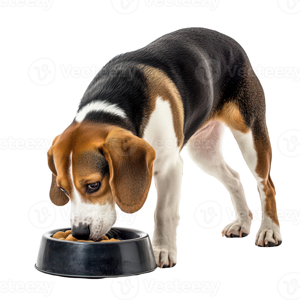 A beagle happily eating from its black food bowl, showcasing its playful nature. png