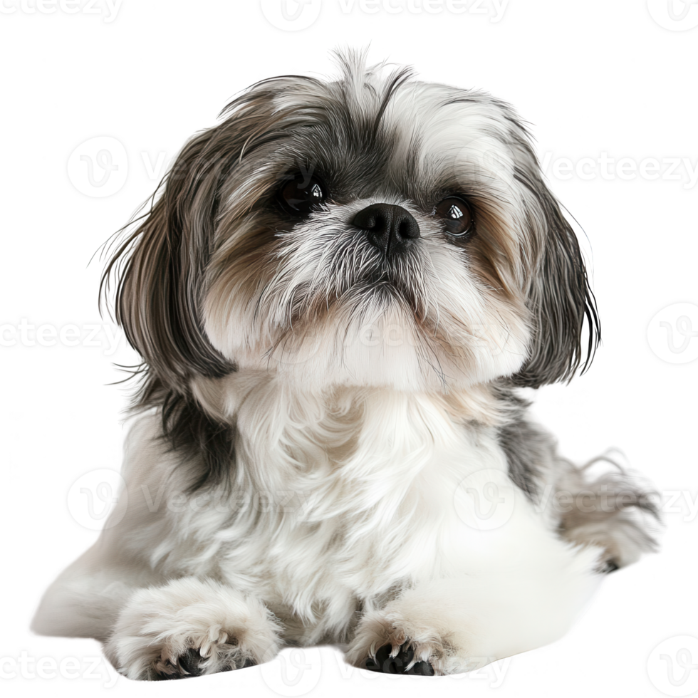A cute, fluffy dog with expressive eyes laying peacefully on a soft surface. png