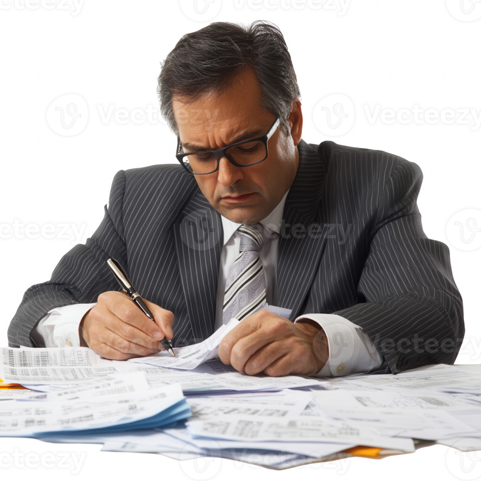 A focused businessman analyzing financial documents and paperwork at his desk. png