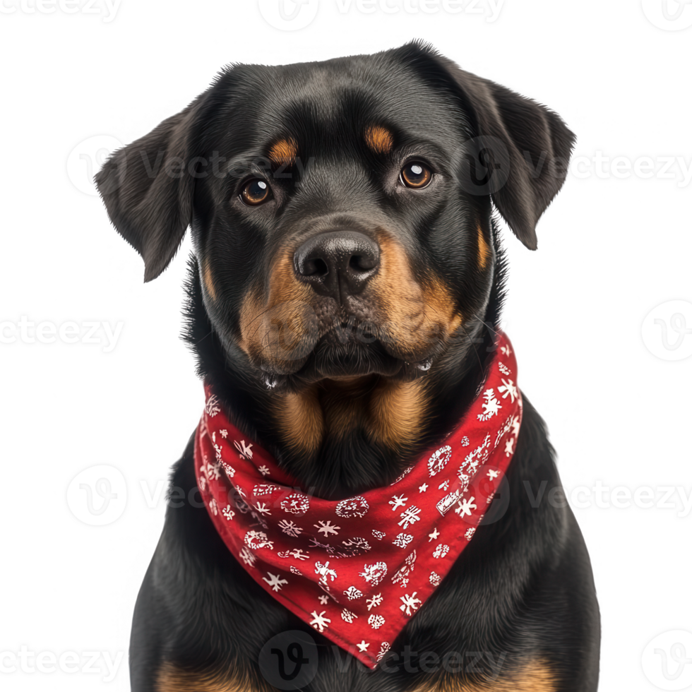 A majestic Rottweiler wearing a red scarf, capturing loyalty and strength. png