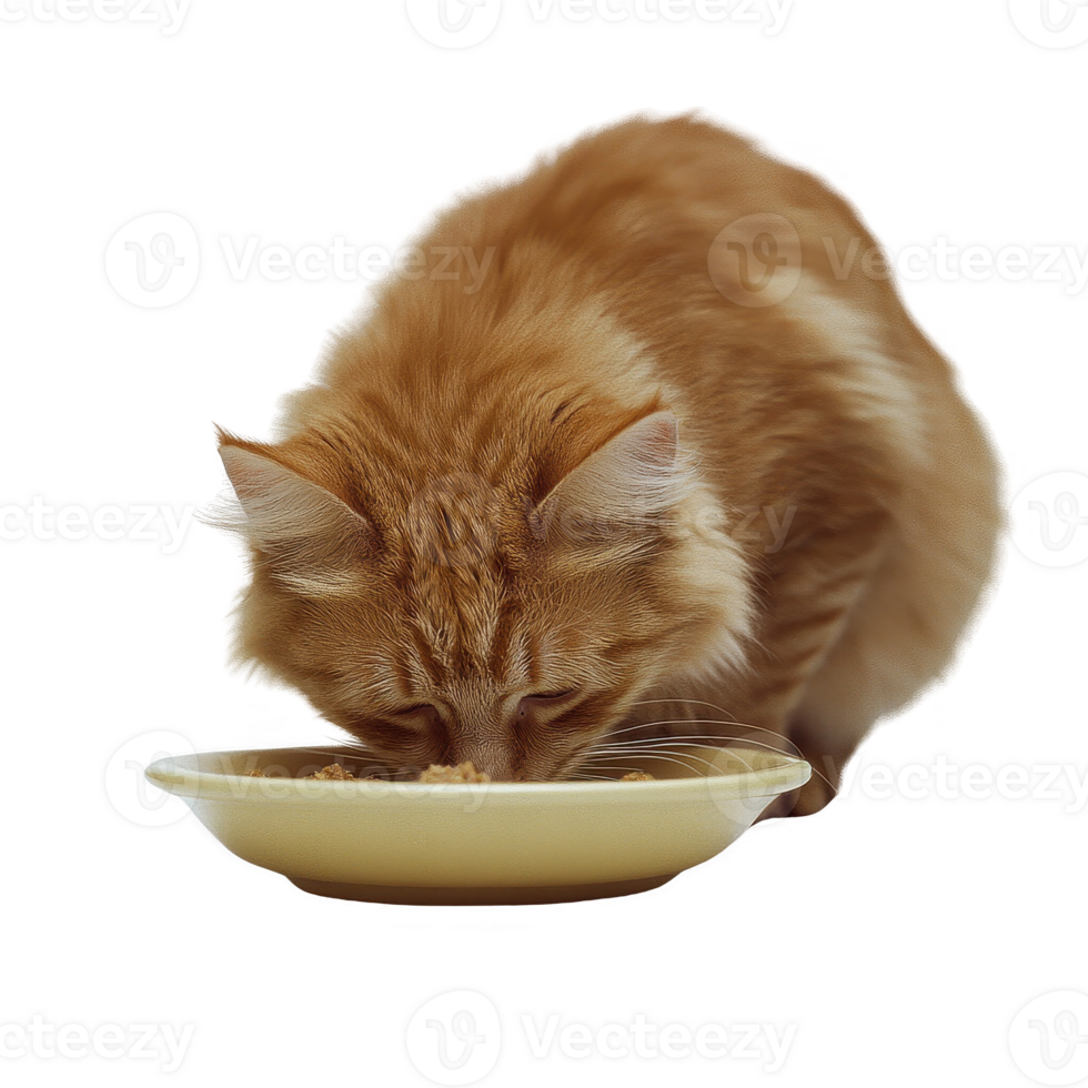 A fluffy orange cat enjoying a meal from a yellow bowl. png