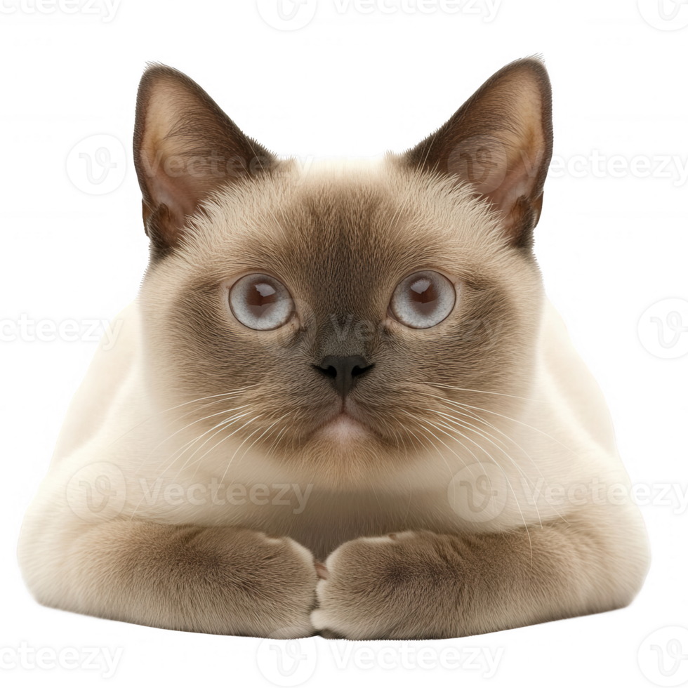 A cute Siamese cat with striking blue eyes, resting and looking curiously at the viewer. png