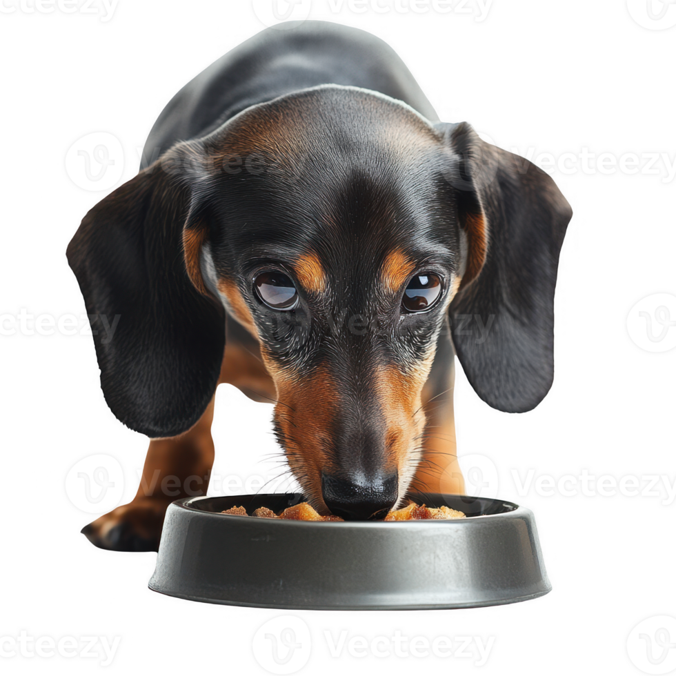 A curious dachshund eagerly eating from a bowl, showcasing its playful spirit. png