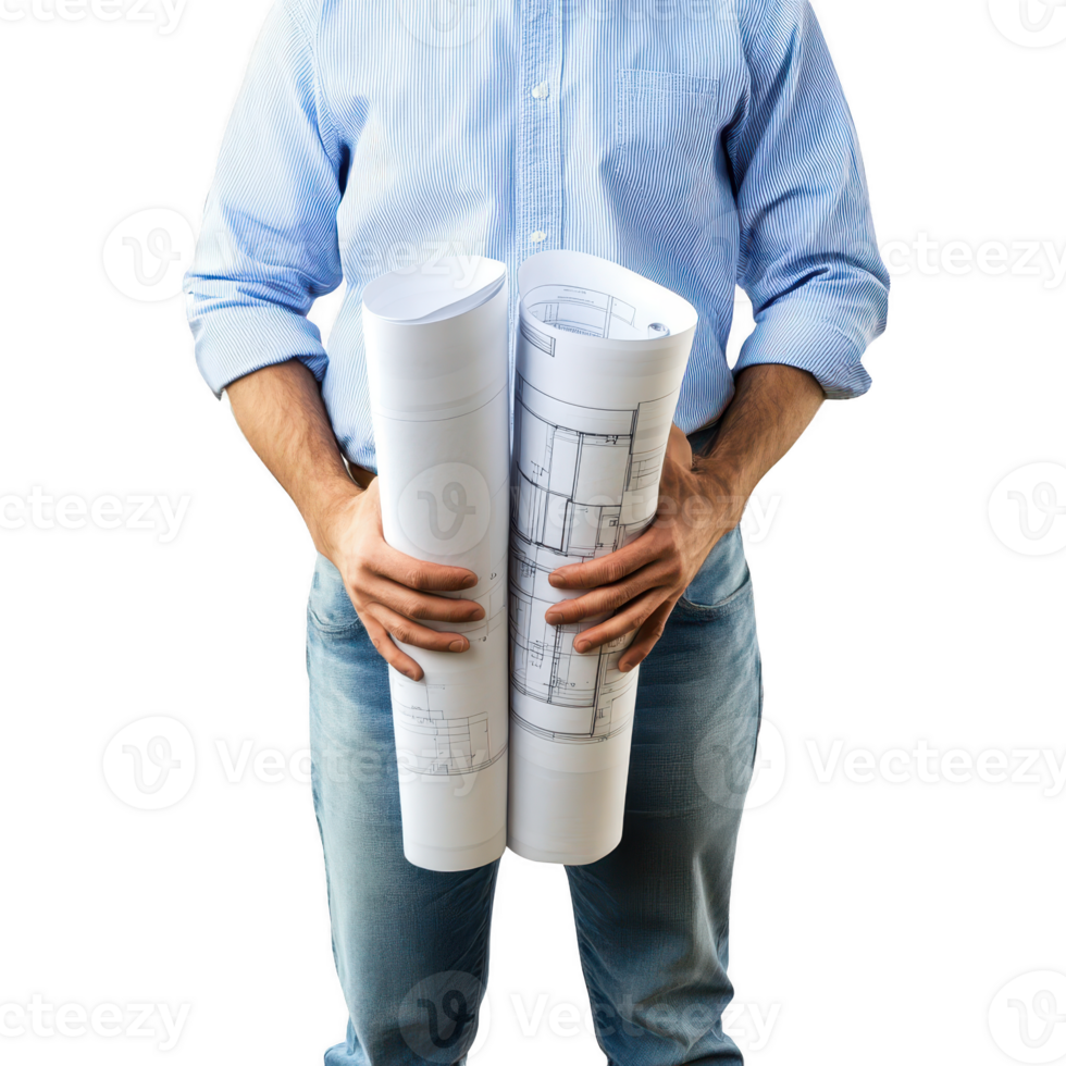 A person holding architectural blueprints showcasing planning and design concepts. png