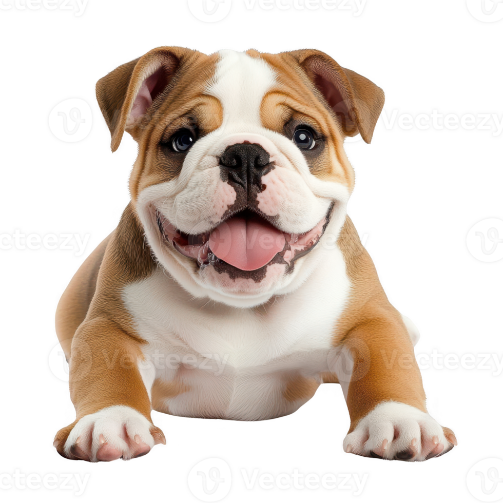 A happy bulldog puppy with a playful expression and adorable features. png