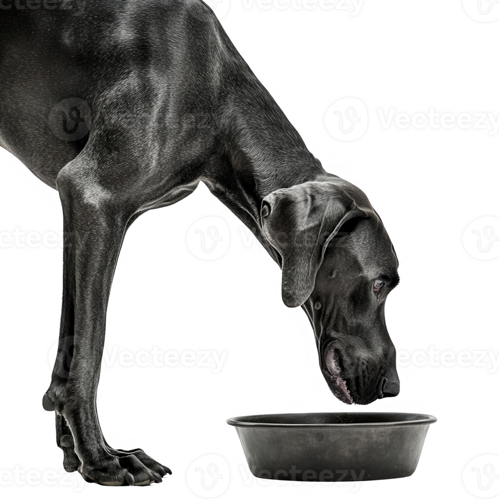 A great dane feeding from a bowl, showcasing its elegant stature and gentle demeanor. png