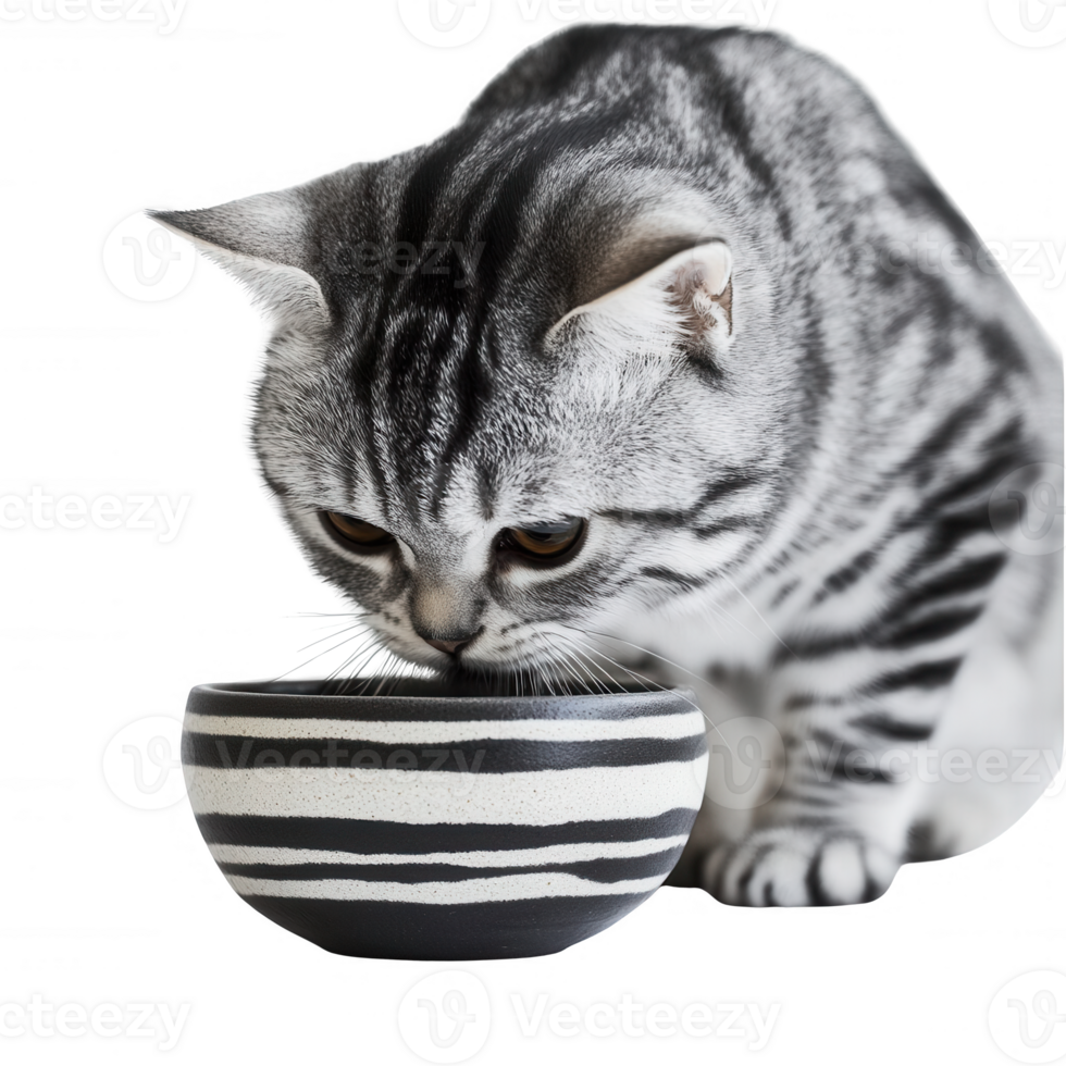 A playful cat curiously examining its striped food bowl, showcasing adorable behavior. png