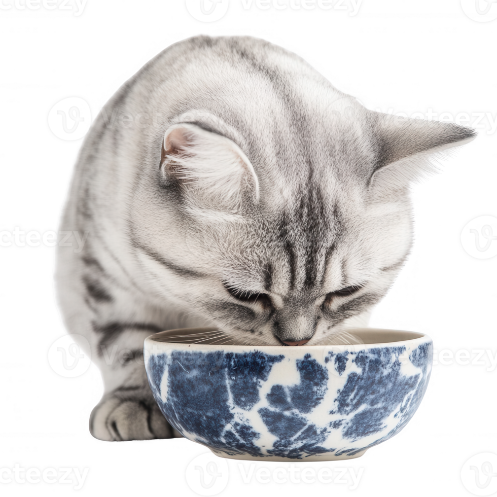 A playful cat exploring its bowl of food with curiosity and attentiveness. png