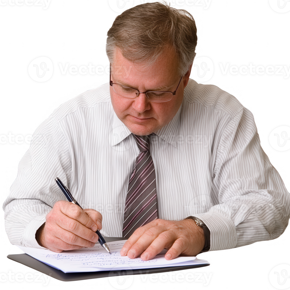 A professional man diligently writing notes in a formal setting. png