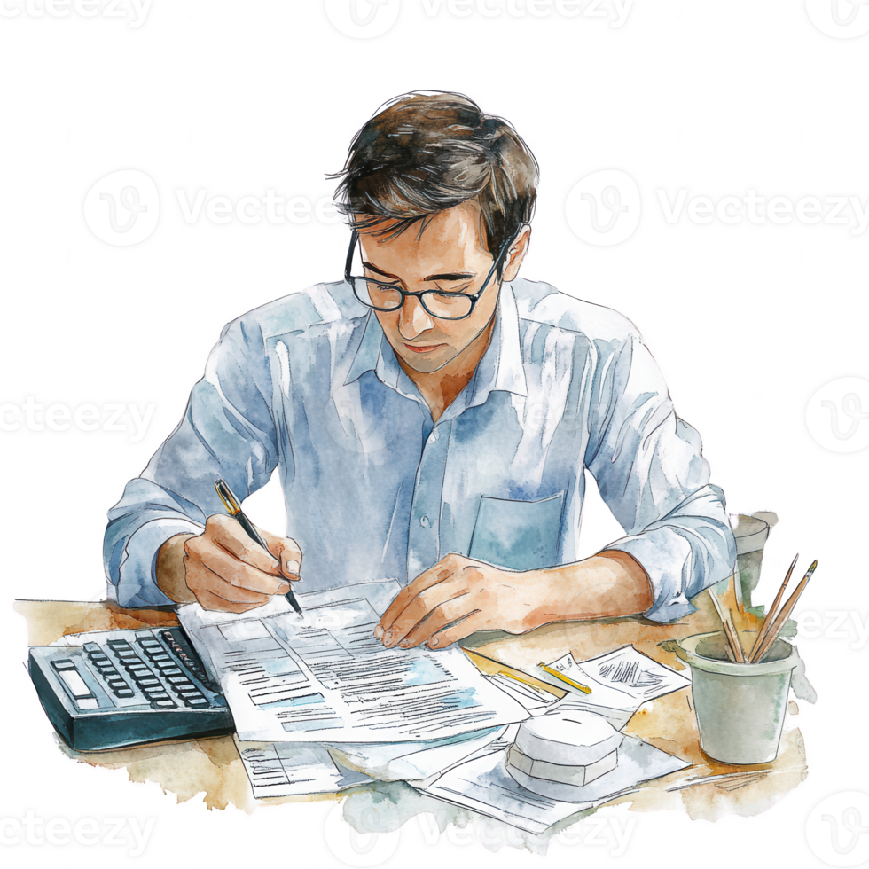A focused man working on financial documents at his desk. png