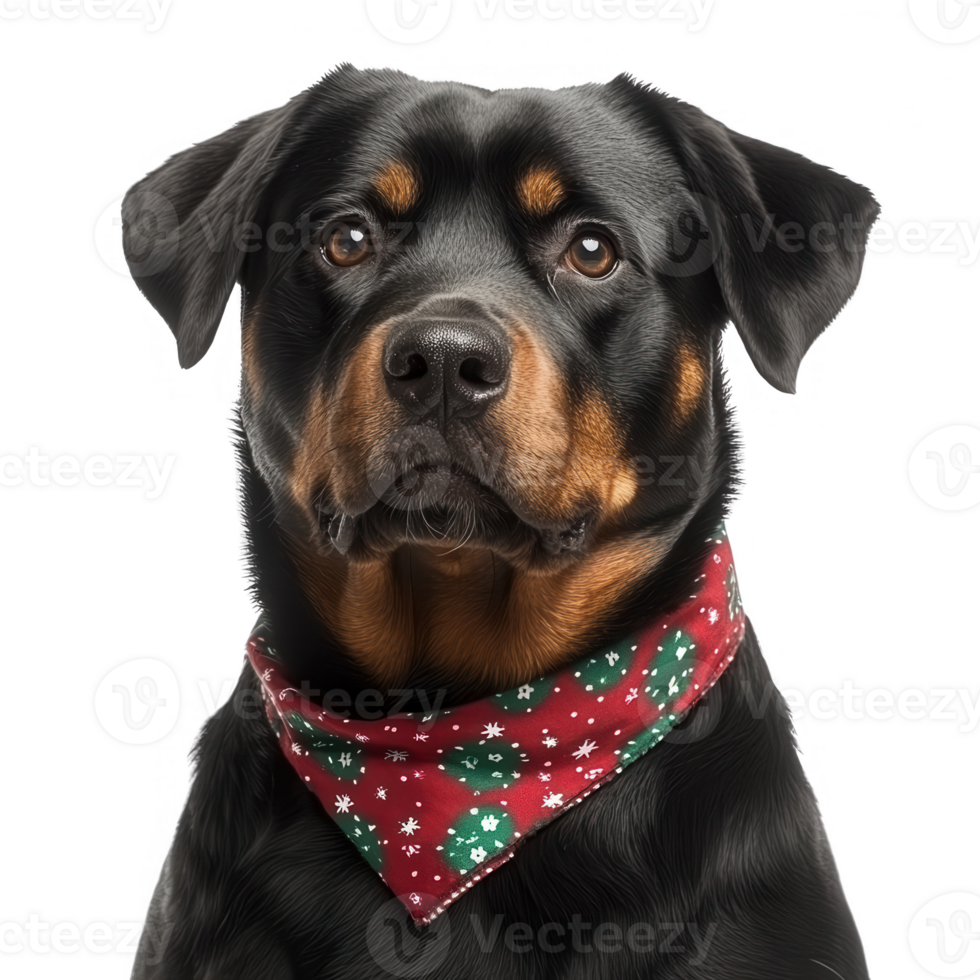 A close-up portrait of a Rottweiler wearing a festive scarf, exuding charm and loyalty. png