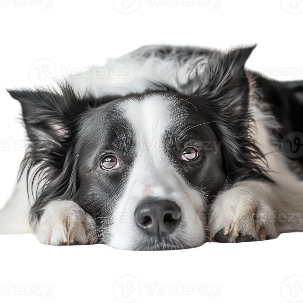 A close-up portrait of a relaxed Border Collie resting on a soft surface. png
