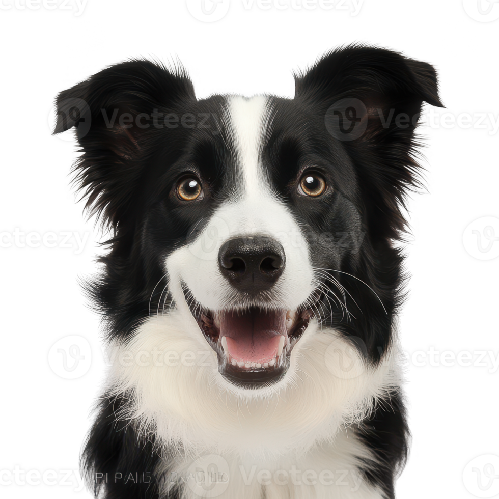A cheerful black and white border collie with a bright smile looking directly at the camera. png
