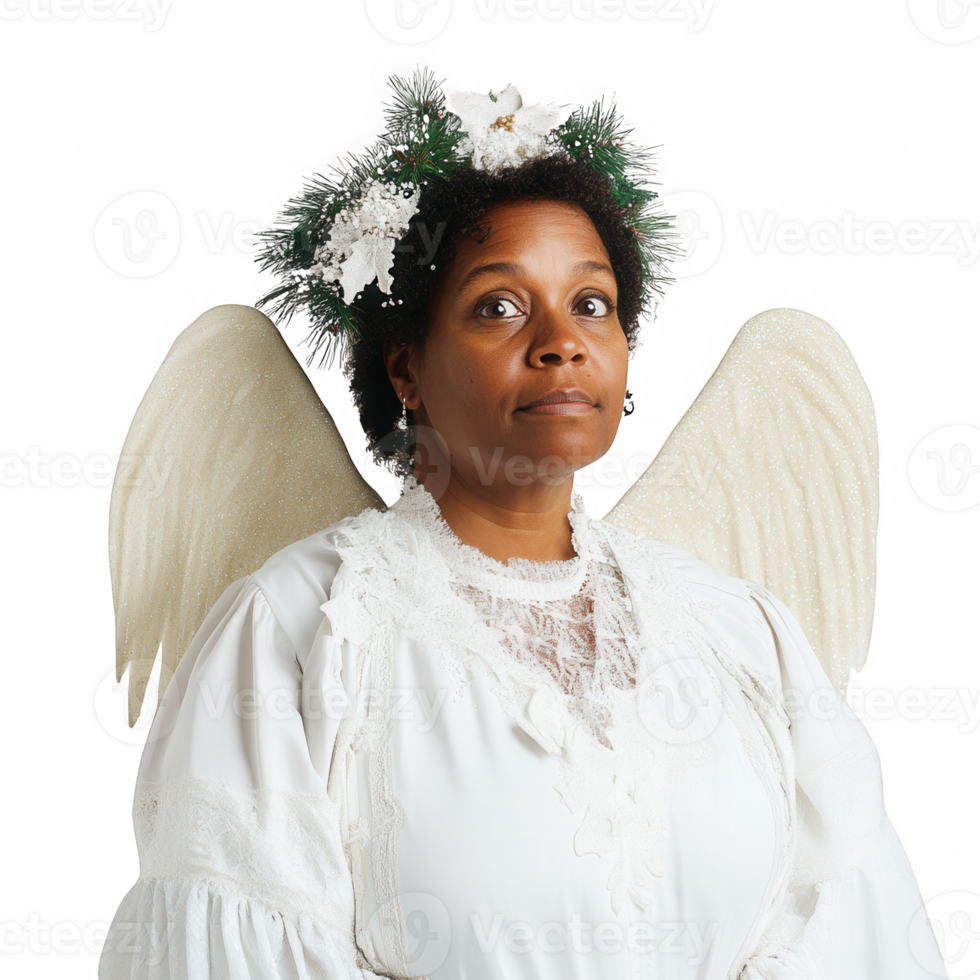 A serene angel figure adorned with flowers and wings, symbolizing peace and hope. png