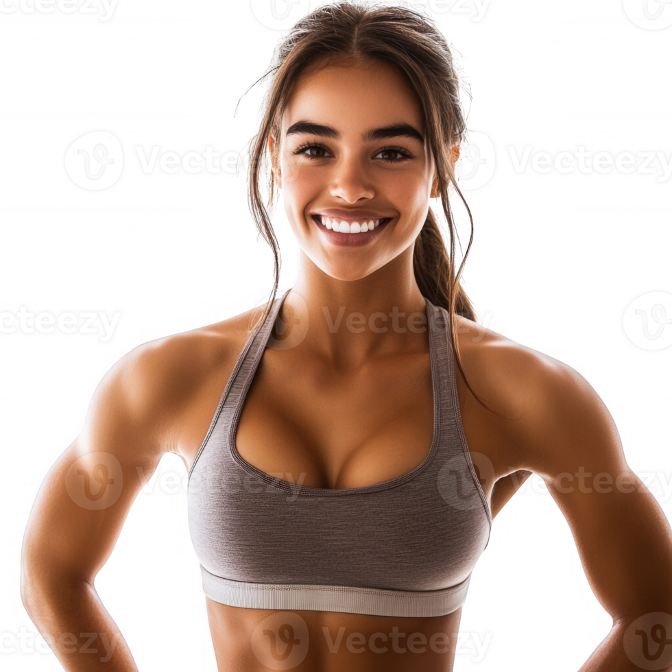 A confident young woman showcasing strength and fitness in a sporty outfit. png