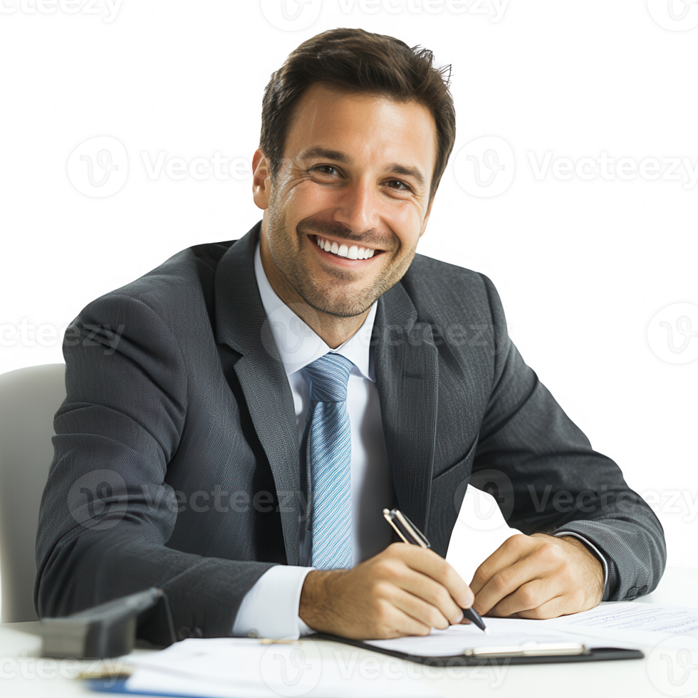 A confident businessman smiling at the desk while writing notes in a notebook. png