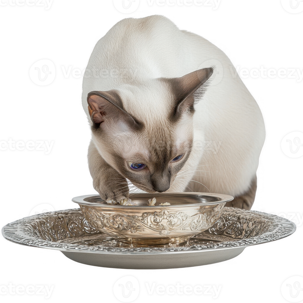 A playful cat enjoying its meal from an elegant silver dish. png