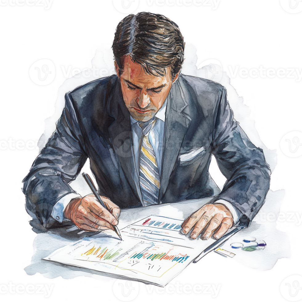 A businessman analyzing graphs and charts to make informed decisions. png