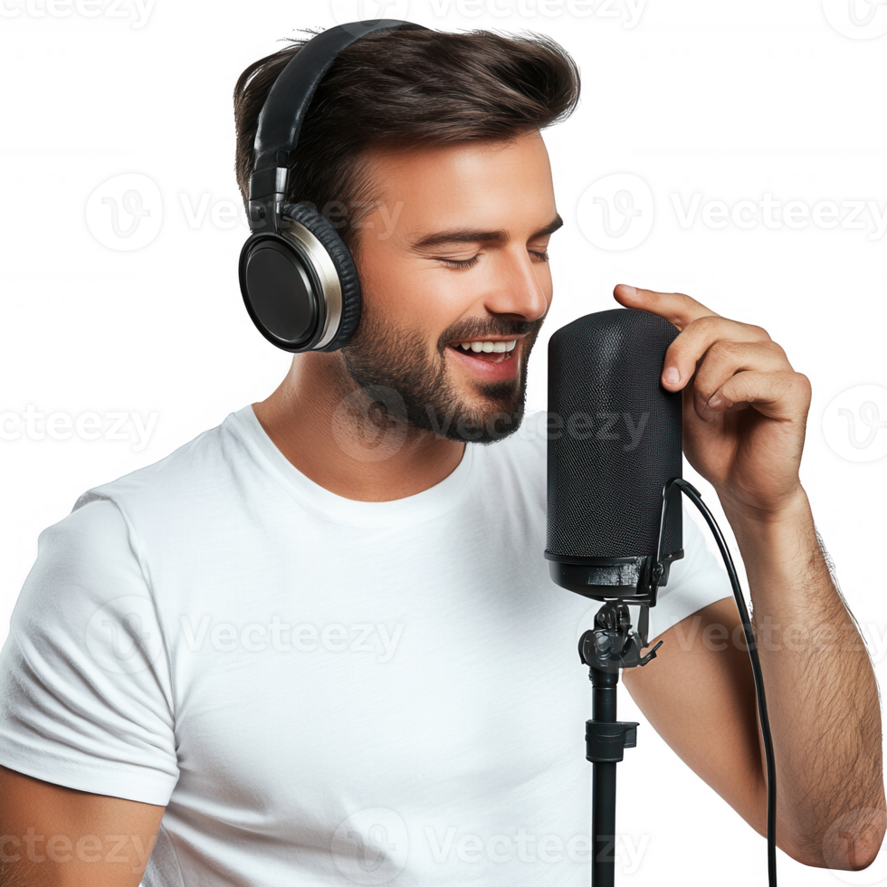 A joyful man singing into a microphone while wearing headphones, expressing passion. png